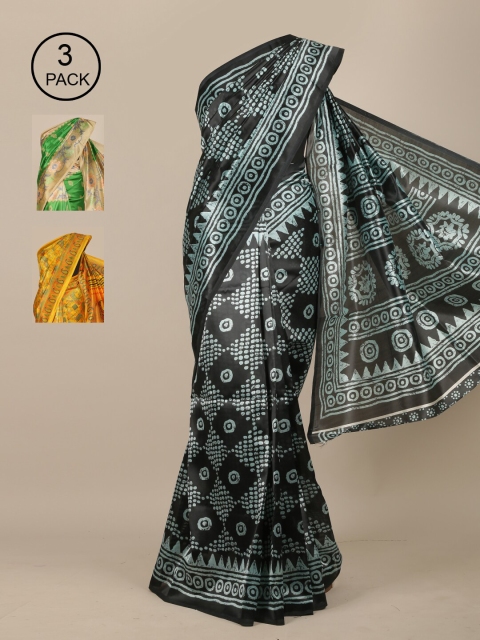 Pothys Pack Of 3 Floral Jute Silk Sarees, Black