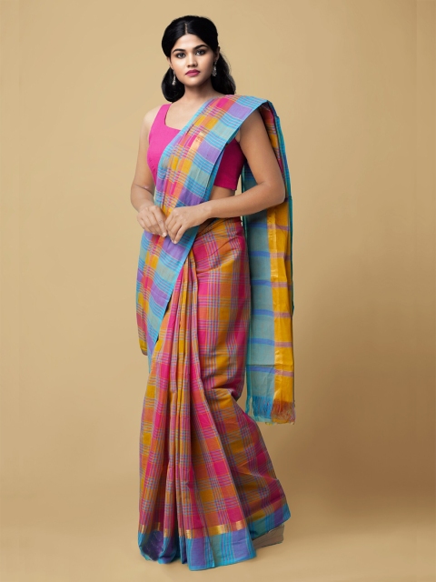 Unnati Silks Pink & Blue Checked Pure Cotton Mangalagiri Saree