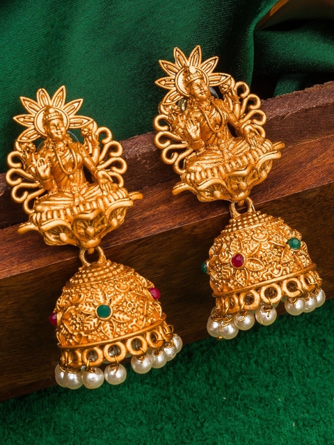 aadita Women Gold-Toned & White Contemporary Goddess Lakshami Temple Jhumkas Earrings
aadita Women Gold-Toned & White Contemporary Goddess Lakshami Temple Jhumkas Earrings