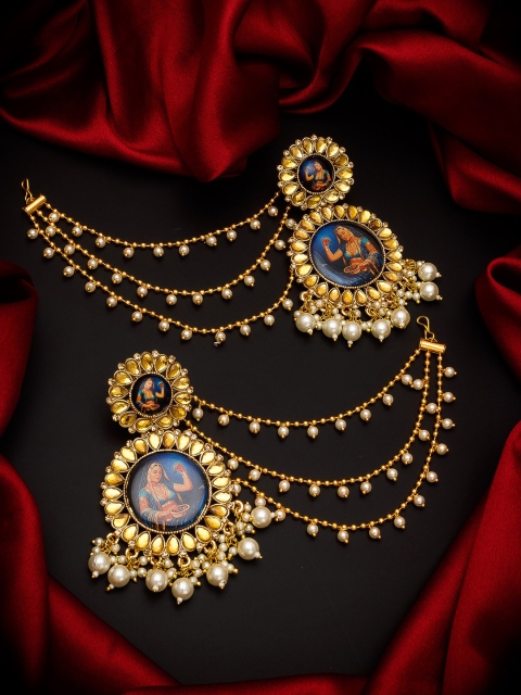 aadita Gold-Plated & Blue Enamelled Pearls Beaded Circular Drop Earrings with Chain