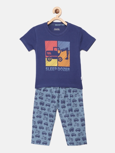 mackly Boys Navy Blue & Coral Printed Night suit