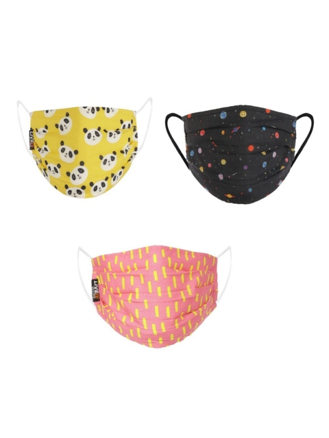 LIVE IT SAFE Pack Of 3 Printed 4-Ply Reusable Cotton Cloth Masks With Nano Technology, Yellow
