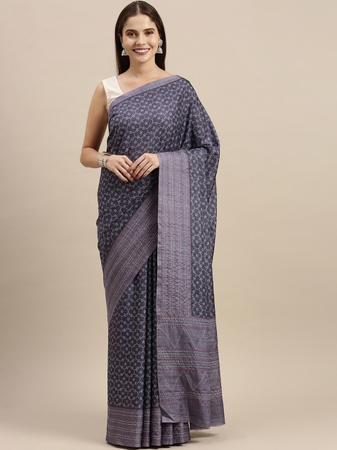 Soch Navy Blue & White Bandhani Kantha Work Silk Blend Saree