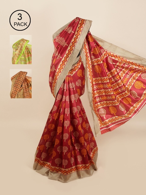 Pothys Pack of 3 Ethnic Motifs Jute Silk Sarees, Maroon