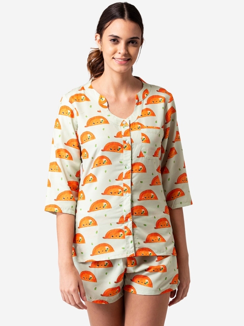 Bellofox Women White & Orange Printed Night suit