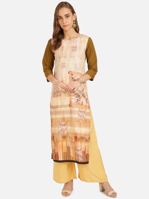 SAADHVI Women Beige Colorblock Printed Crepe Kurta
