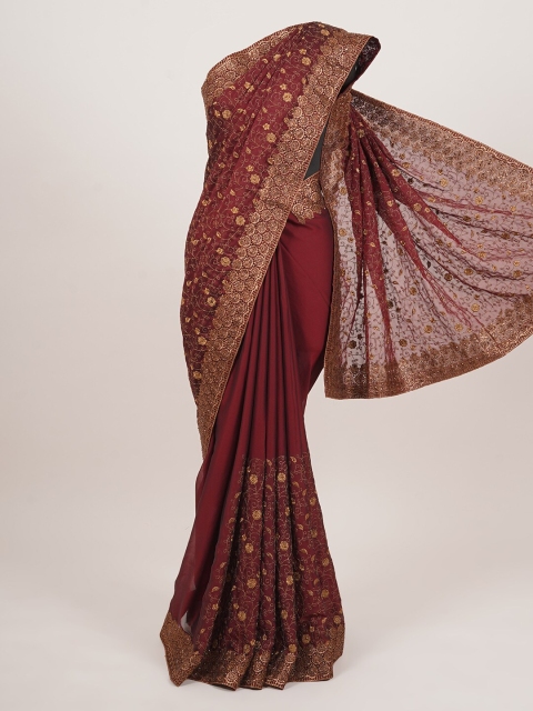 Pothys Maroon & Gold-Toned Floral Embroidered Art Silk Saree