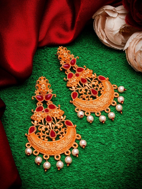 aadita Gold-Plated & Red Stone & Pearls Studded Contemporary Chandbalis Earrings