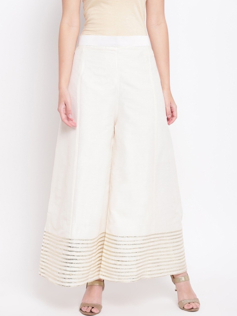 RIVI Women White & Golden Gotta Patti Striped Hem Design Wide Leg Ethnic Palazzos