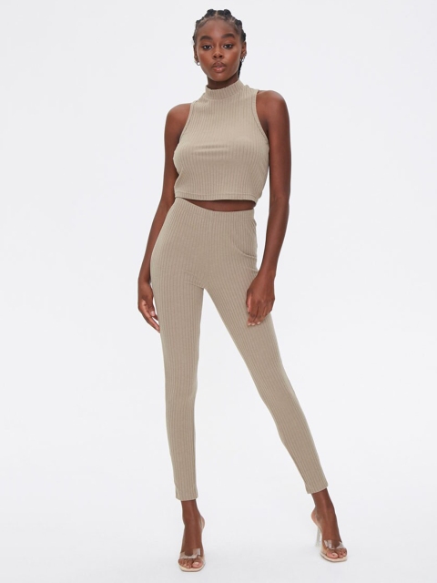 FOREVER 21 Women Beige Ribbed Two-Piece Co-Ord Set