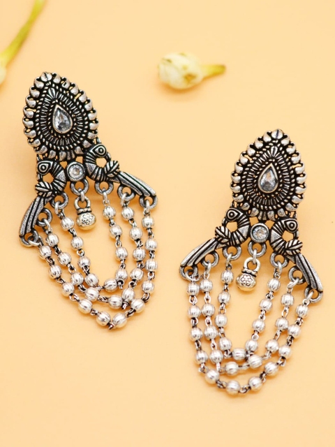 TEEJH Silver-Toned Contemporary Drop Earrings