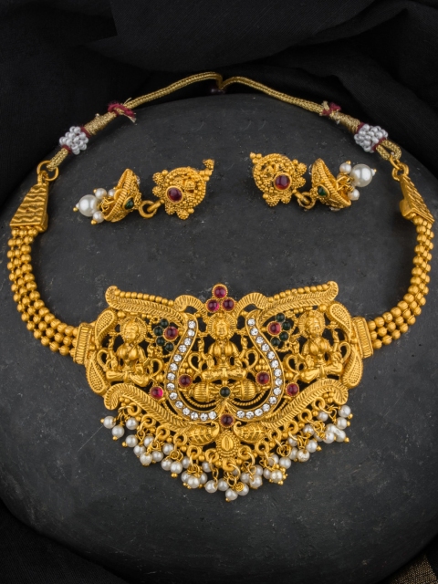 Alankruthi Gold-Plated & Pink Stone-Studded & Beaded Temple Jewellery Set