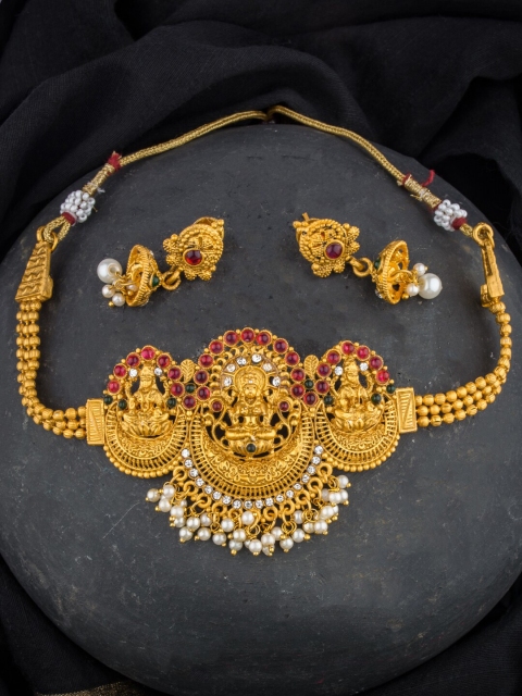 Alankruthi Gold-toned & Red Stone-Studded & Beaded Temple Jewellery Set