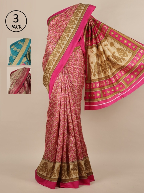 Pothys Pack of 3 Ethnic Motifs Jute Silk Sarees, Pink