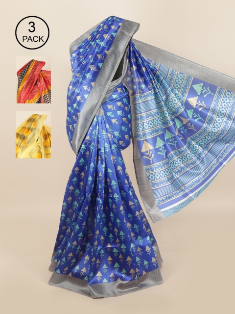 Pothys Pack of 3 Ethnic Motifs Jute Silk Sarees, Blue