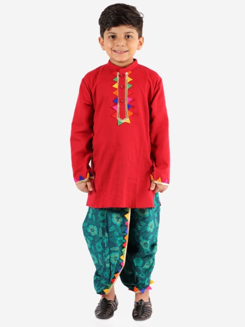 KID1 Boys Red Ethnic Motifs Pure Cotton Kurta with Dhoti Pants