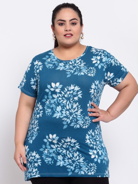 plusS Women Blue Floral Printed T-shirt