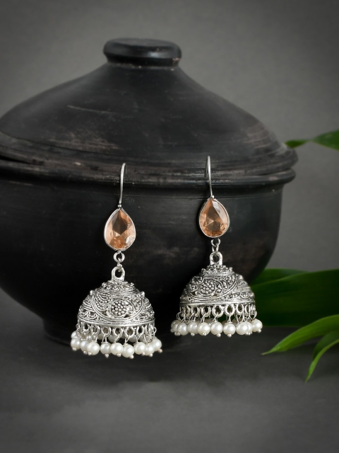 Silvermerc Designs Silver-Toned & Brown Dome Shaped Jhumkas Earrings