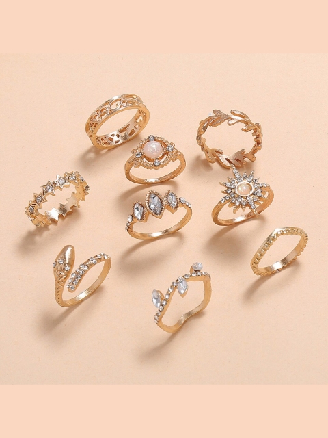 YoungWildFree Set Of 9 Gold-Plated & White Stone-Studded Luxury Charms Pretty Design Finger Rings
YoungWildFree Set Of 9 Gold-Plated & White Stone-Studded Luxury Charms Pretty Design Finger Rings