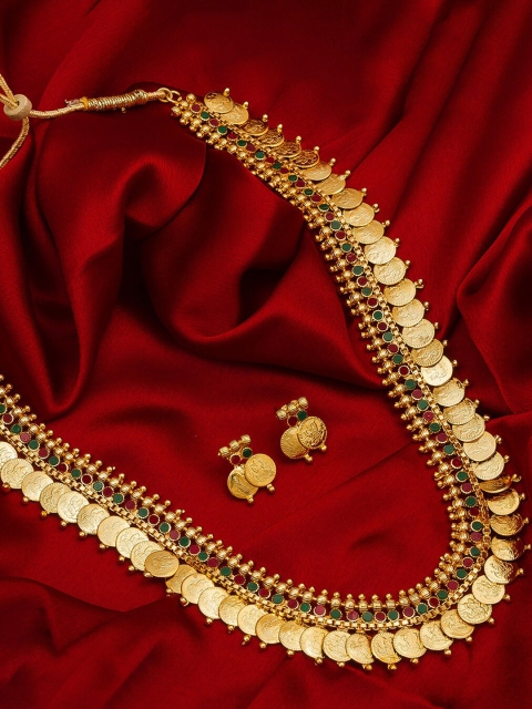 aadita Gold-Plated Maroon & Green Stone-Studded Temple Jewellery Set