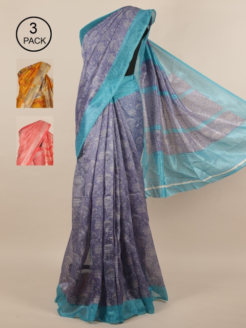 Pothys Pack of 3 Ethnic Motifs Jute Silk Sarees, Blue