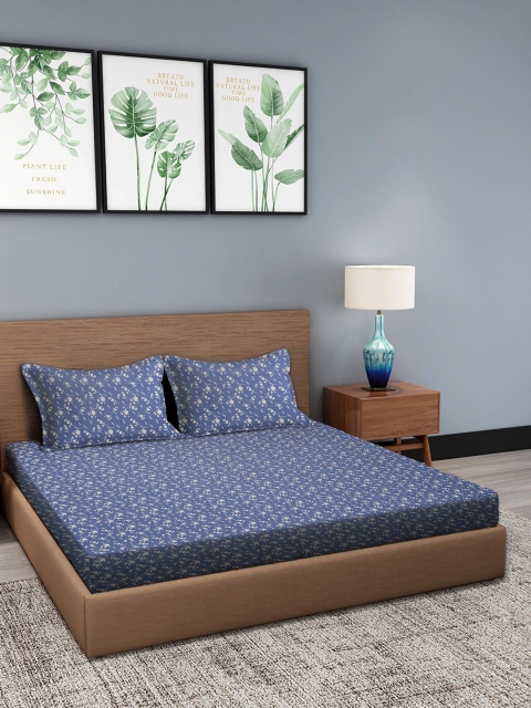 Trident Blue & White Floral 144 TC Queen Bedsheet with 2 Pillow Covers