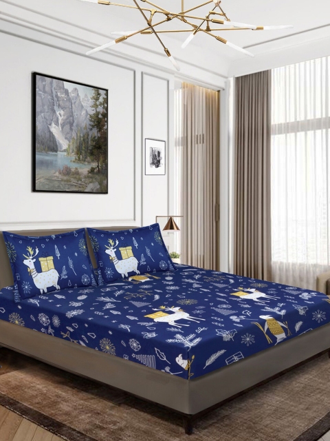 Aura Navy Blue & White Graphic 140 TC Queen Bedsheet with 2 Pillow Covers