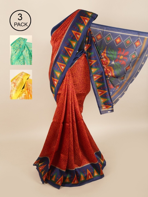 Pothys Pack of 3 Ethnic Motifs Jute Silk Sarees, Red