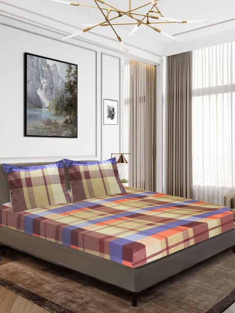 Aura Brown & Yellow Geometric 160 TC Queen Bedsheet with 2 Pillow Covers