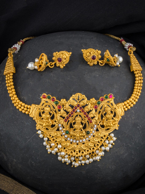 Alankruthi Gold-Plated Pink & Green Stone-Studded & Beaded Temple Jewellery Set
Alankruthi Gold-Plated Pink & Green Stone-Studded & Beaded Temple Jewellery Set