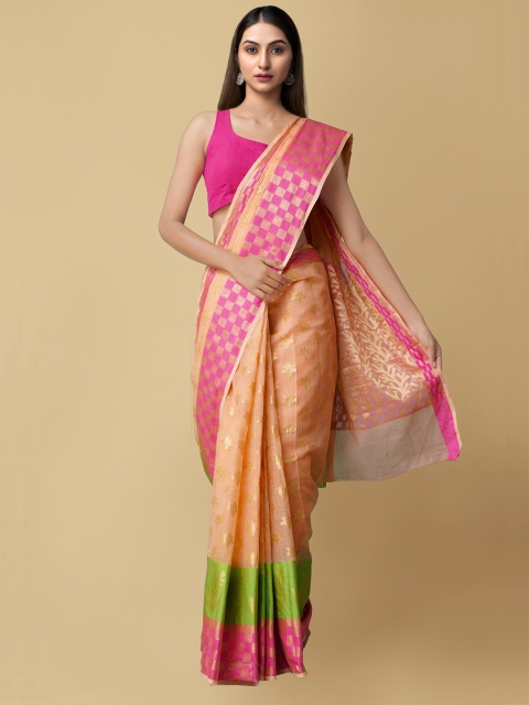 Unnati Silks Peach-Coloured & Pink Woven Design Silk Cotton Kota Saree