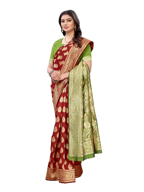 KALINI Maroon & Green Woven Design Zari Banarasi Saree