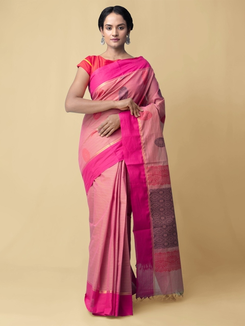 Unnati Silks Pink & Blue Woven Design Pure Cotton Uppada Saree