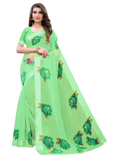 KALINI Green Poly Cotton Floral Saree