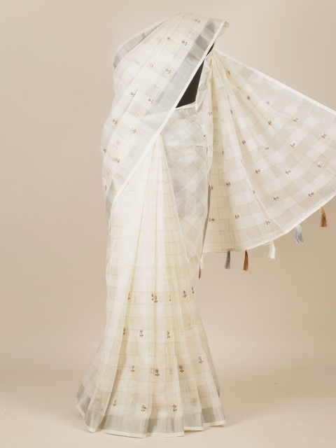 Pothys Off White & Grey Checked Zari Tissue Saree