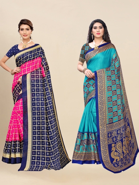 KALINI Pack Of 2 Pink & Blue Woven Design Zari Art Silk Sarees