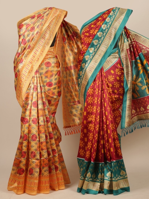 Pothys Pack of 2 Peach & Red Ethnic Motifs Jute Silk Saree