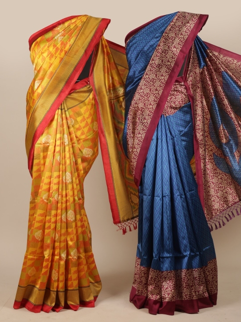 Pothys Pack Of 2 Mustard Yellow & Blue Ethnic Motifs Jute Silk Saree