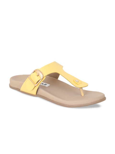 Zyla Women Yellow T-Strap Flats with Buckles