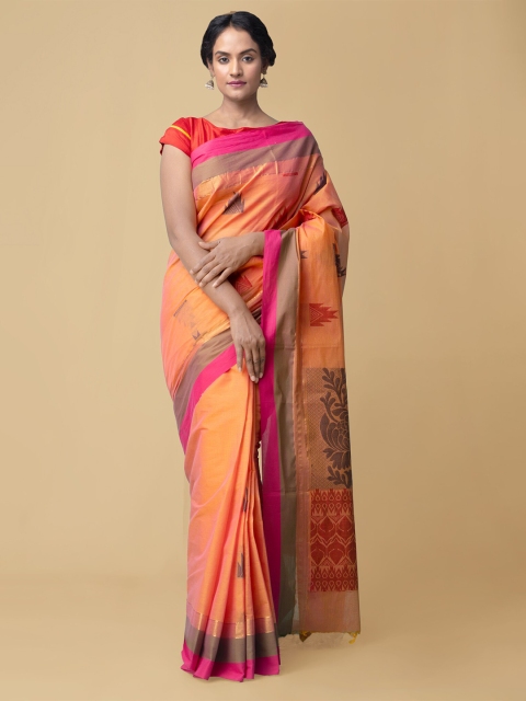 Unnati Silks Orange & Pink Ethnic Motifs Pure Cotton Handloom Uppada Saree