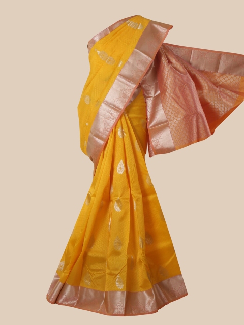 Pothys Yellow & Pink Ethnic Motifs Zari Pure Silk Kanjeevaram Saree