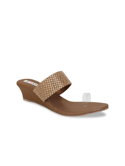 Zyla Copper-Toned Embellished Ethnic Wedge Sandals