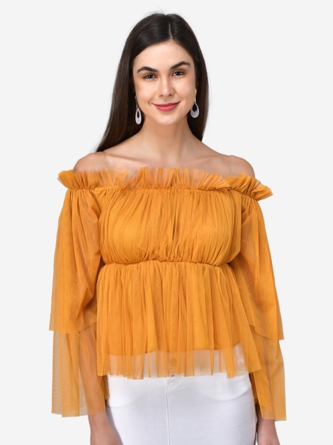 Darzi Yellow Off-Shoulder Net Bardot Top