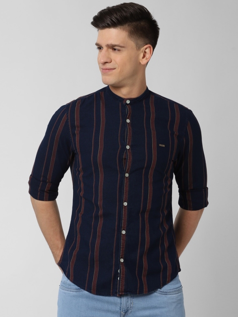 Peter England Casuals Men Navy Blue Slim Fit Multi Stripes Striped Casual Shirt