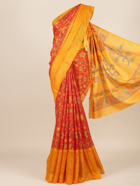 Pothys Orange & Yellow Floral Jute Silk Saree