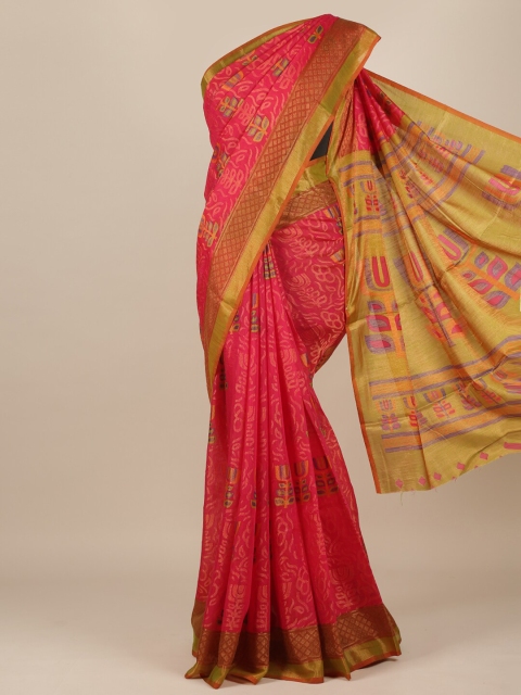 Pothys Magenta & Green Ethnic Motifs Jute Silk Saree