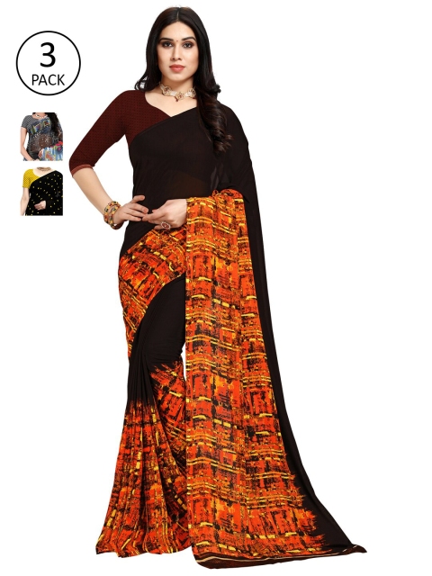 KALINI Pack Of 3 Black & Orange Floral Sarees