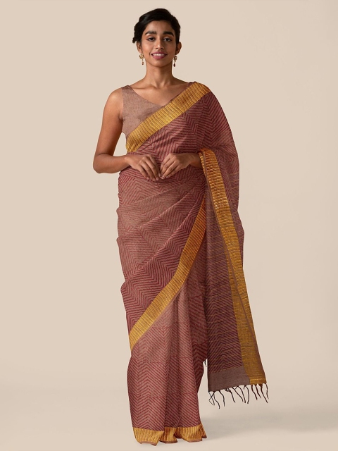 Taneira Pink & Gold-Toned Zari Pure Linen Saree