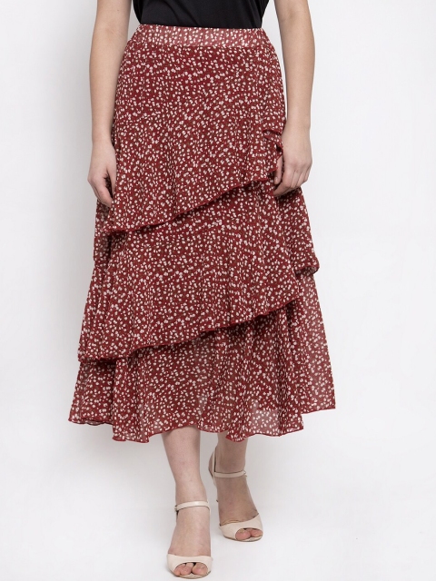 Global Republic Women Red & Peach-Coloured Floral Printed Flared Maxi Skirt