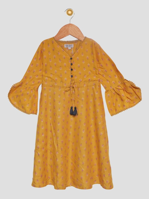 Bella Moda Mustard Yellow & Pink Floral A-Line Dress